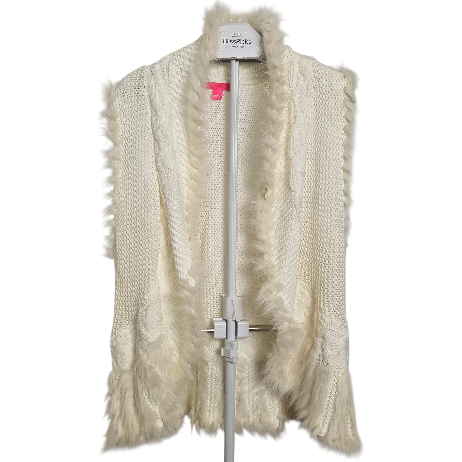 Lilly Pulitzer Cream Cable Knit Faux Fur Trim Open Front Sweater Vest Xl